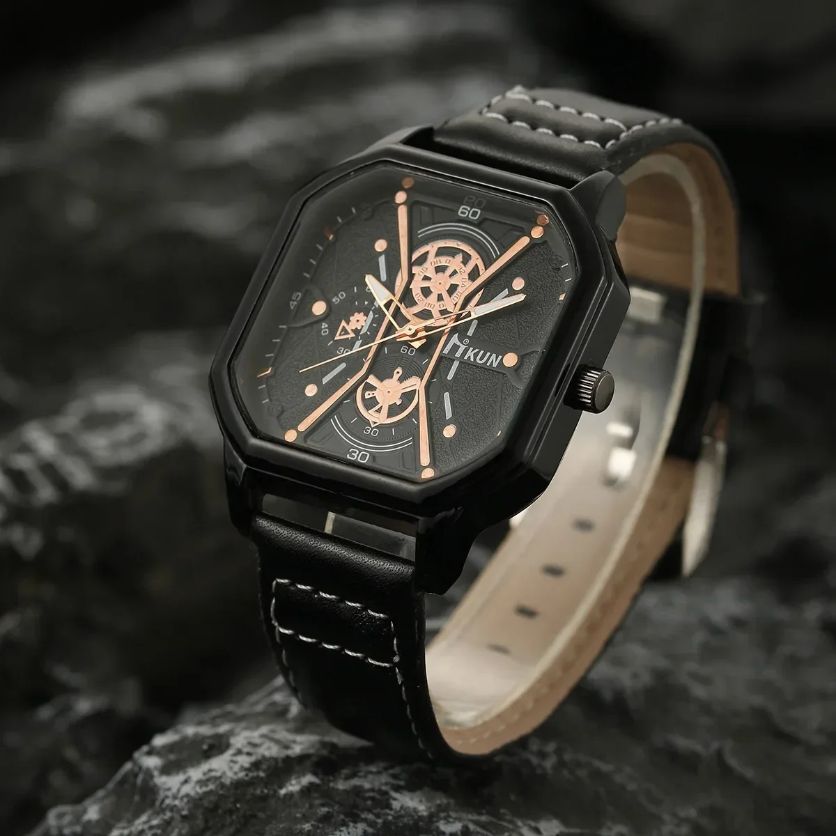 Men Quartz Watches Bracelet Set Leather Strap Alloy Dial Student Square Sports Watch Cool Black Wristwatch Reloj Hombre (No Box)