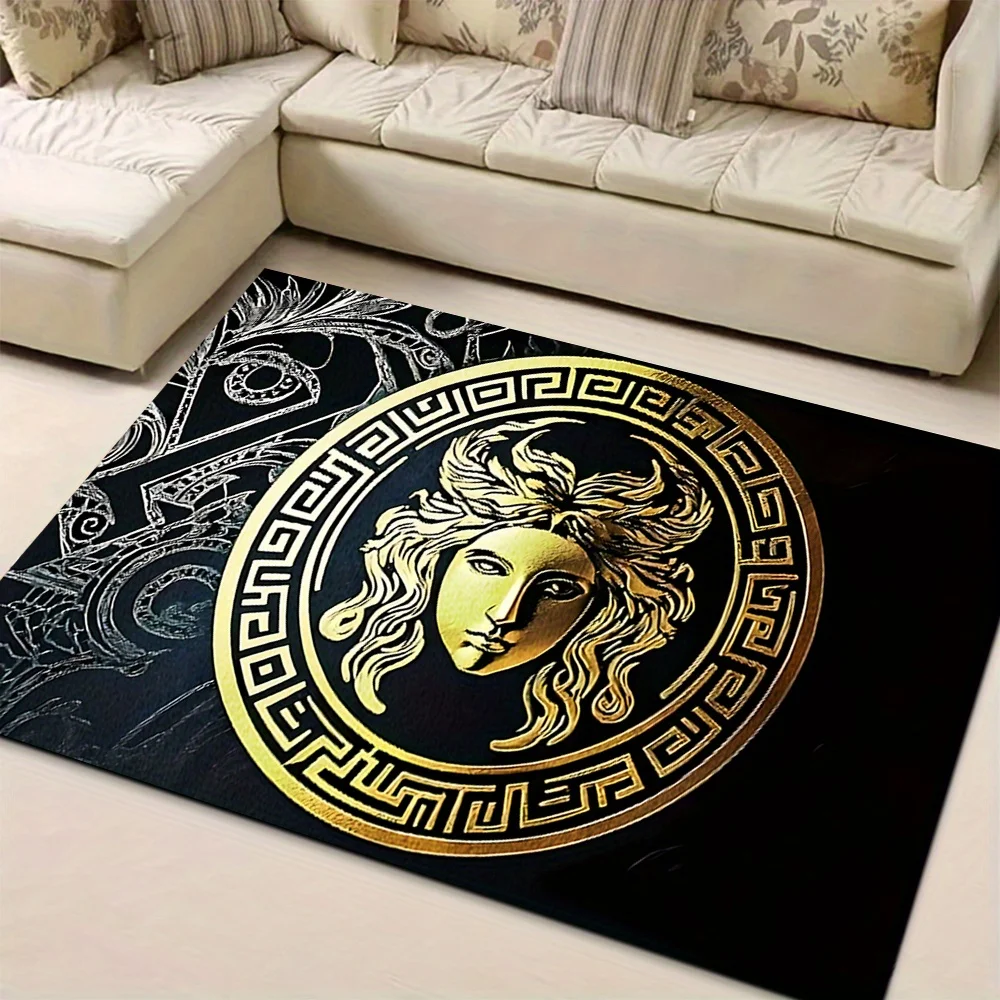 Luxury Black Gold Medusa Print Carpet Plush Flannel Rug Living Room Bedroom Home Decor Area Rug Non Slip Floor Mat