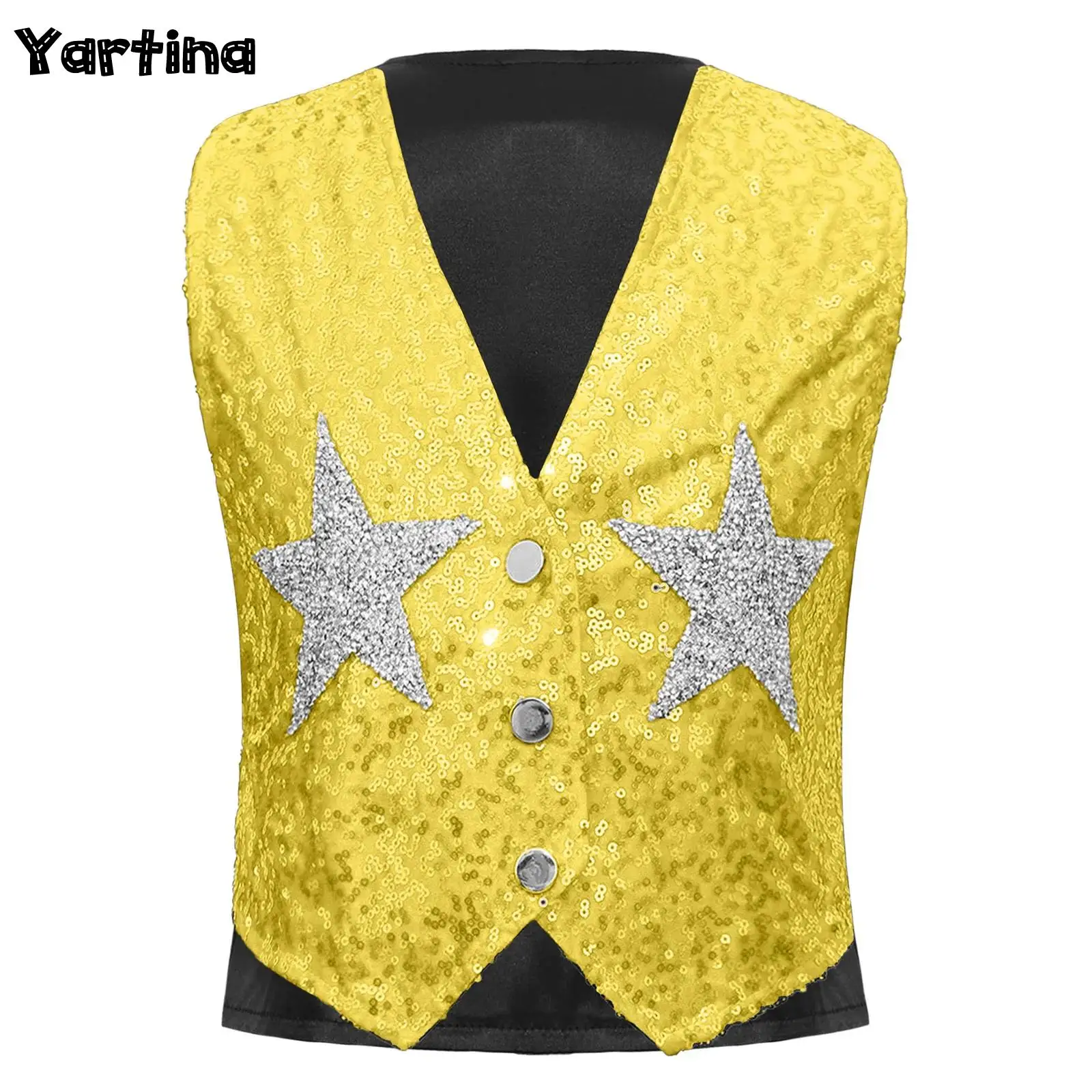 

Kids Girls Boys Sequins Vest Hip Hop Jazz Dance Performance Halloween Costume Buttons Waistcoat Sparkle Sequins Stars Vest Tops