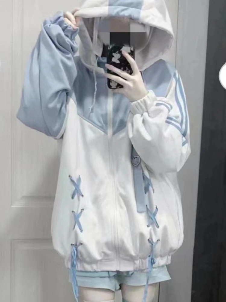 

Japanese Preppy Style Coats Hooded Zipper Bandage Contrast Color Jackets Casual Loose All Match Tops 2025 New Women's Clothing