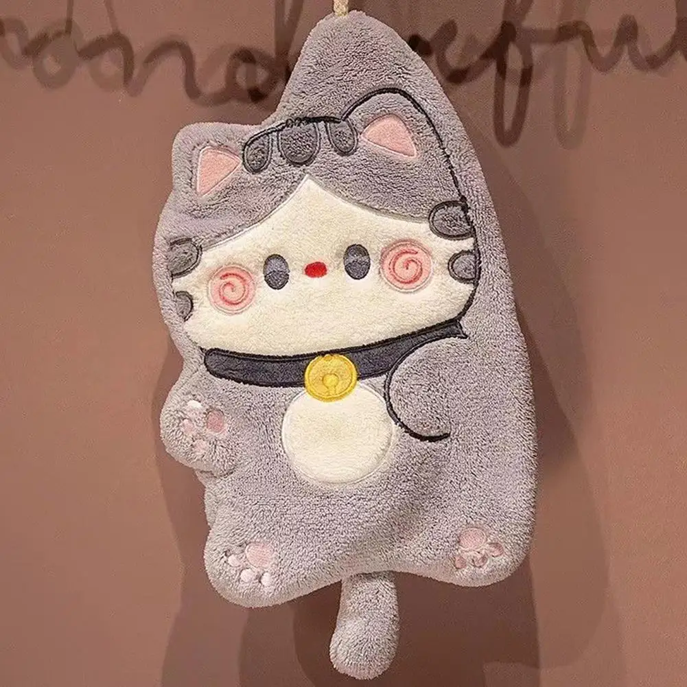 Kitchen Hand Towel Cartoon Cat Shape Highly Water Absorbent Coral Fleece Hanging Towel Home Decoration Face Washing Towel