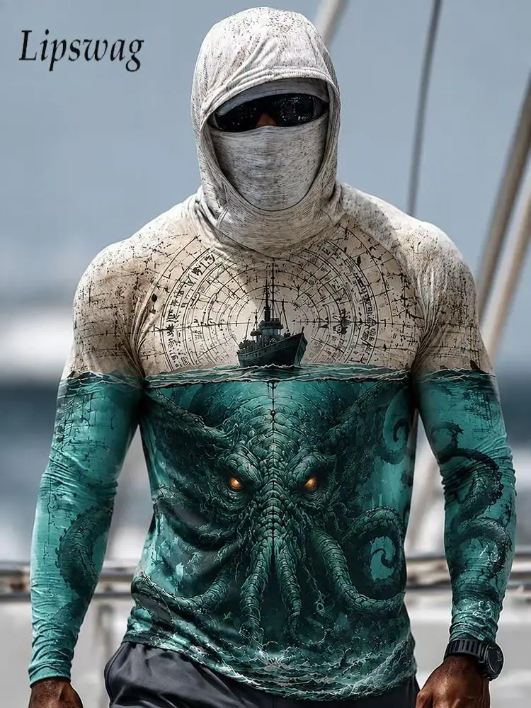 Vintage Graphic Printing Mens Slim Hoodie Summer Fishing Breathable Sunproof Hooded T Shirt With Mask Casual Men Slim Hoodies
