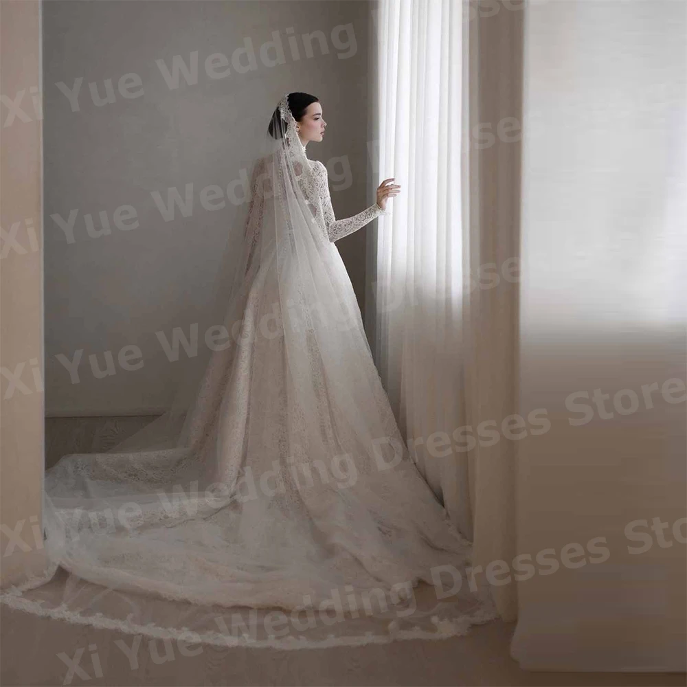 Exquisite A Line Women's Wedding Dresses High Neck Lace Appliques Vestido De Novia Bride Gowns Customized Long Sleeve Vestido