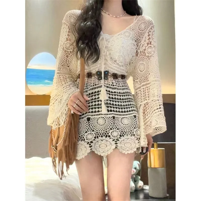 Crochet Tunic Top Boho Women Sheer Embroidery Open Knit Bell Sleeve Tie Front Open Knit Top Pullover Summer Vacation Beach Wear