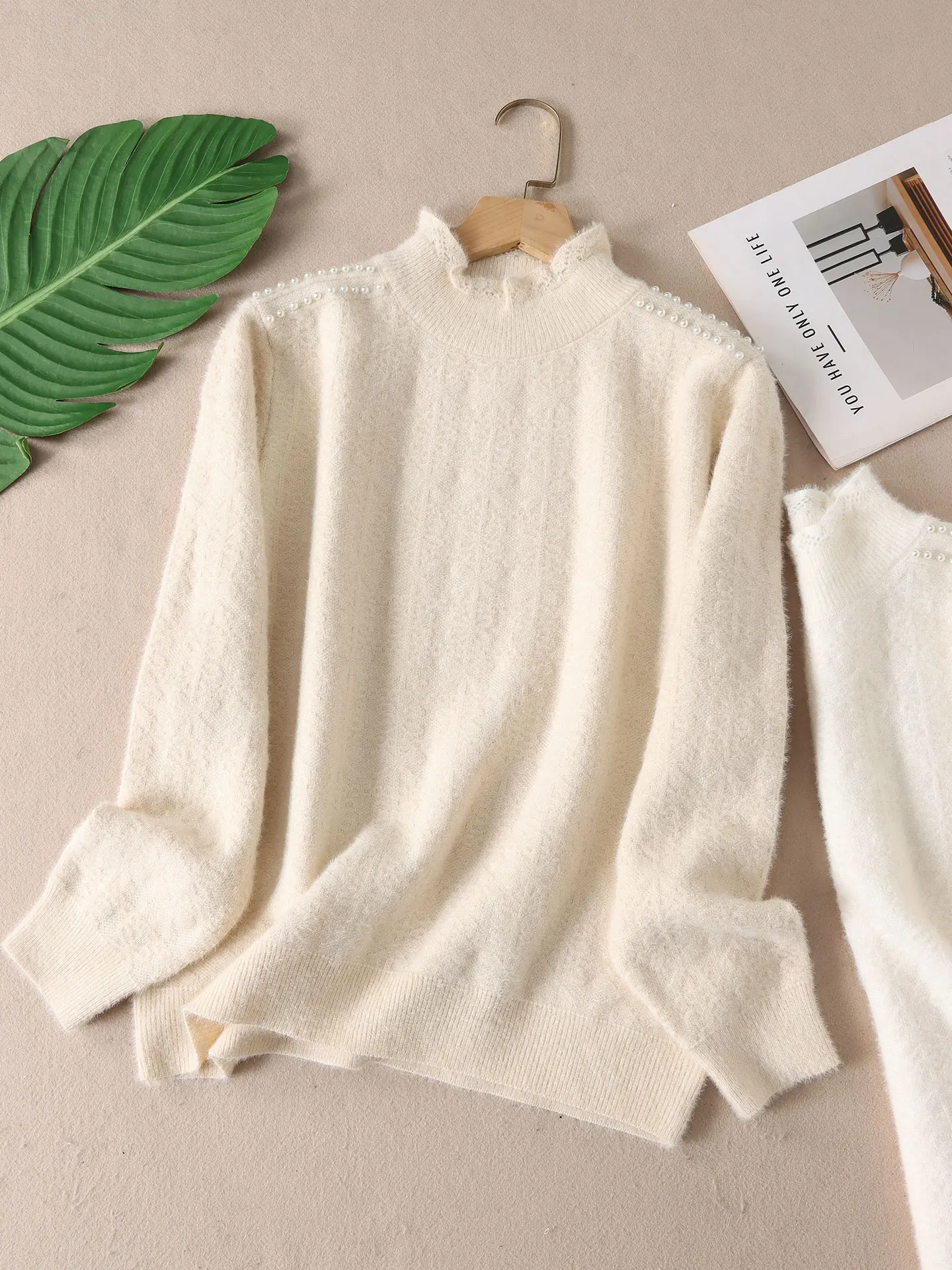 

Ele Lace Trim Knitted Sweater Women's Autumn Winter Fce Feel f High Collar Knitwear Romantic Pearlescent Beading