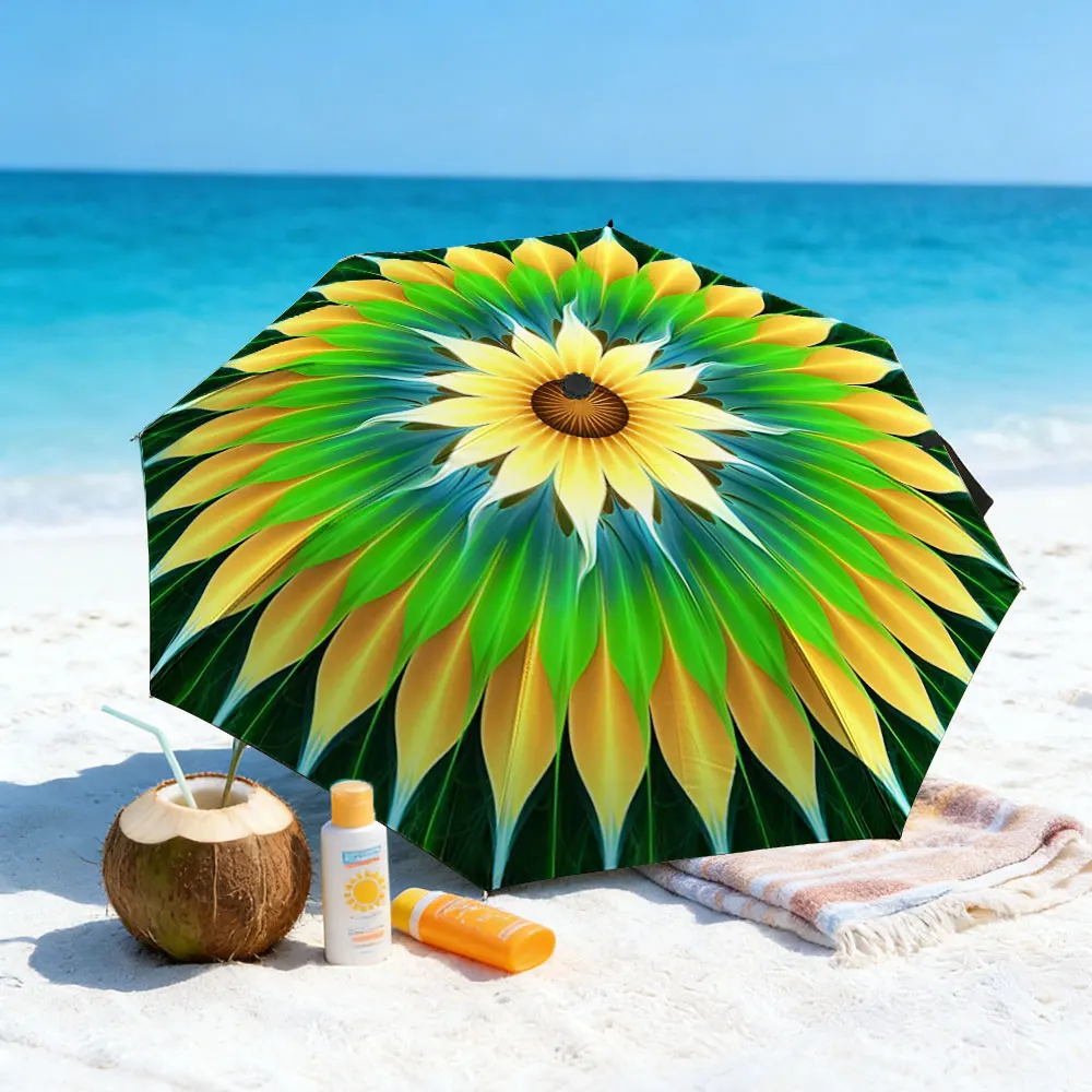 1PC Bright Sunflower Umbrella by the Tranquil Lakeside Print 8 Iron Ribs Folding Umbrella Auto-Open Fashion Sunshade