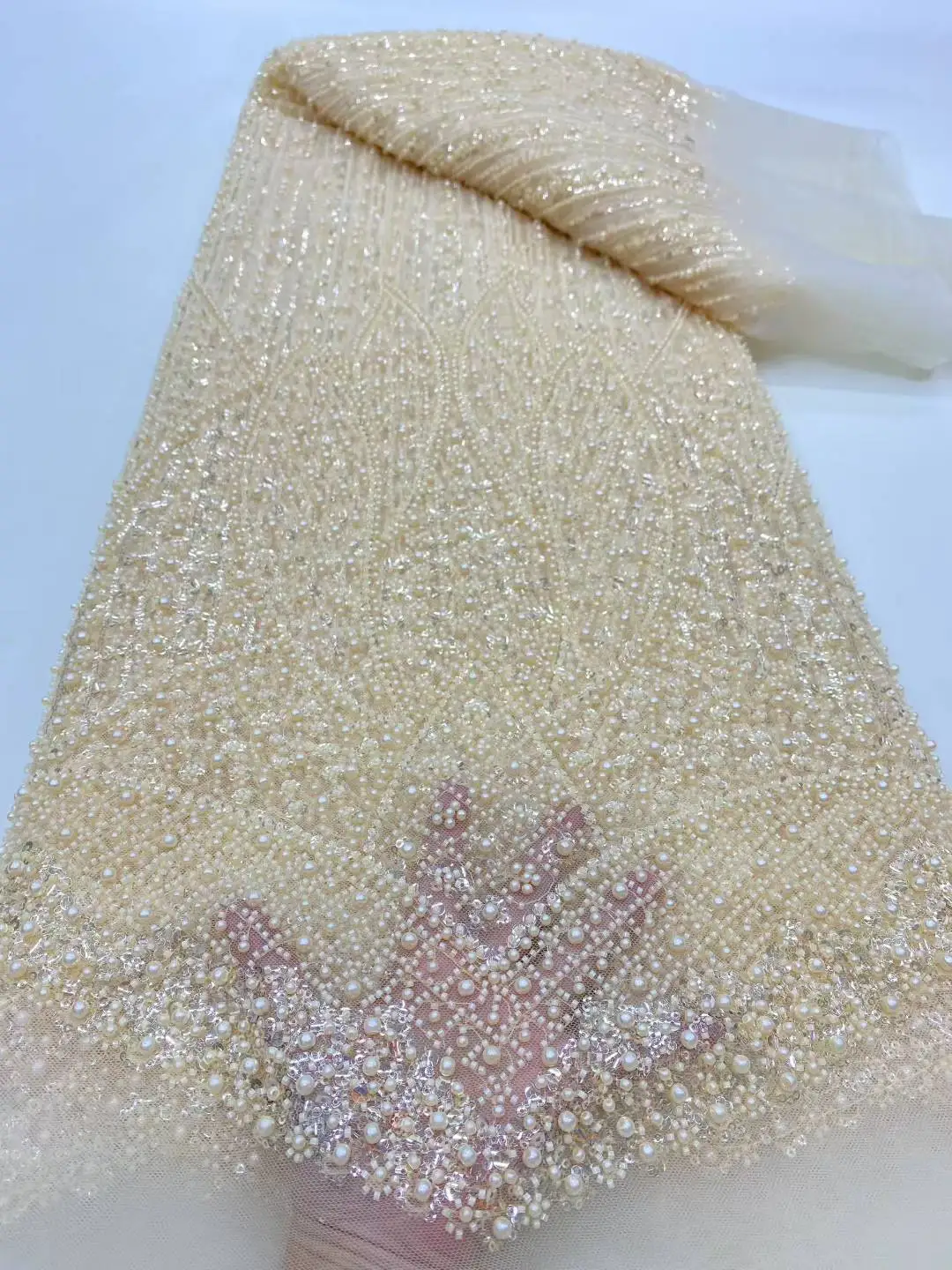 

2025 African French Nigerian High End Tulle Lace Fabric With Beads Sequins Embroiderg Mesh for Wedding Party Bride Sewing Dress