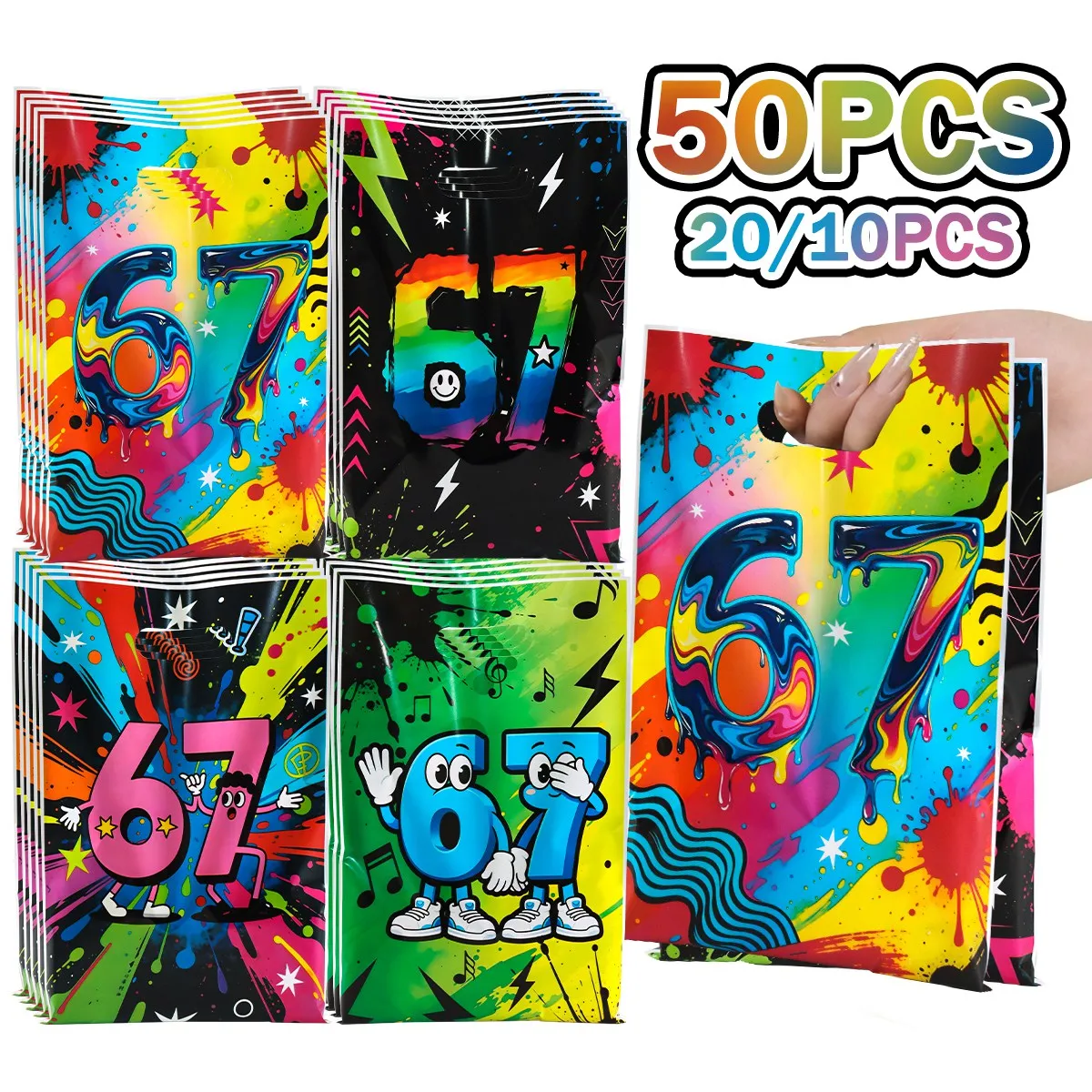 10/20/50 Stück 67 Themen-Geschenktüten, bunte Graffiti-Splash-Paint-Geschenktüten aus Kunststoff für Kinder, Teenager, Geburtstagsparty-Zubehör – Detail 6