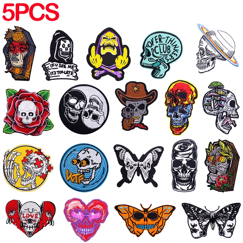5 Stück Großhandel Punk-Aufnäher für Kleidung Totenkopf-Schmetterling-Patch zum Aufbügeln Bestickte Aufnäher für Kleidung Aufkleber Skelett-Abzeichen