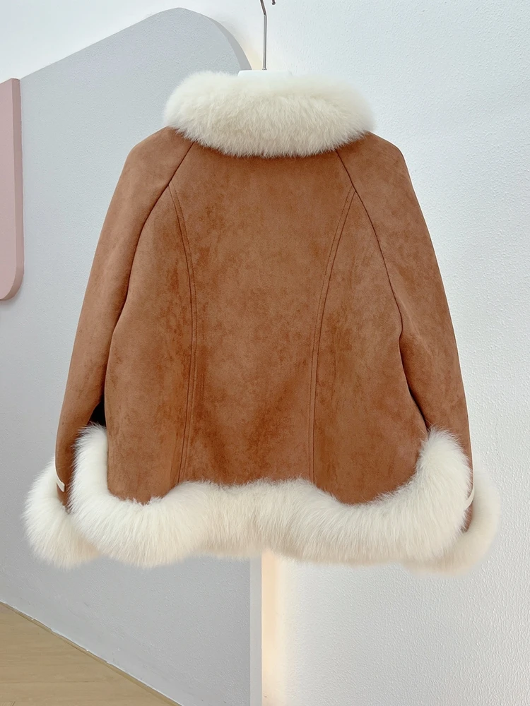 Real Fur Coat Natural Fox Fur Warm Loose Cloak Winter Jacket Women White Goose Down Inner Liner Filling Warm Outerwear