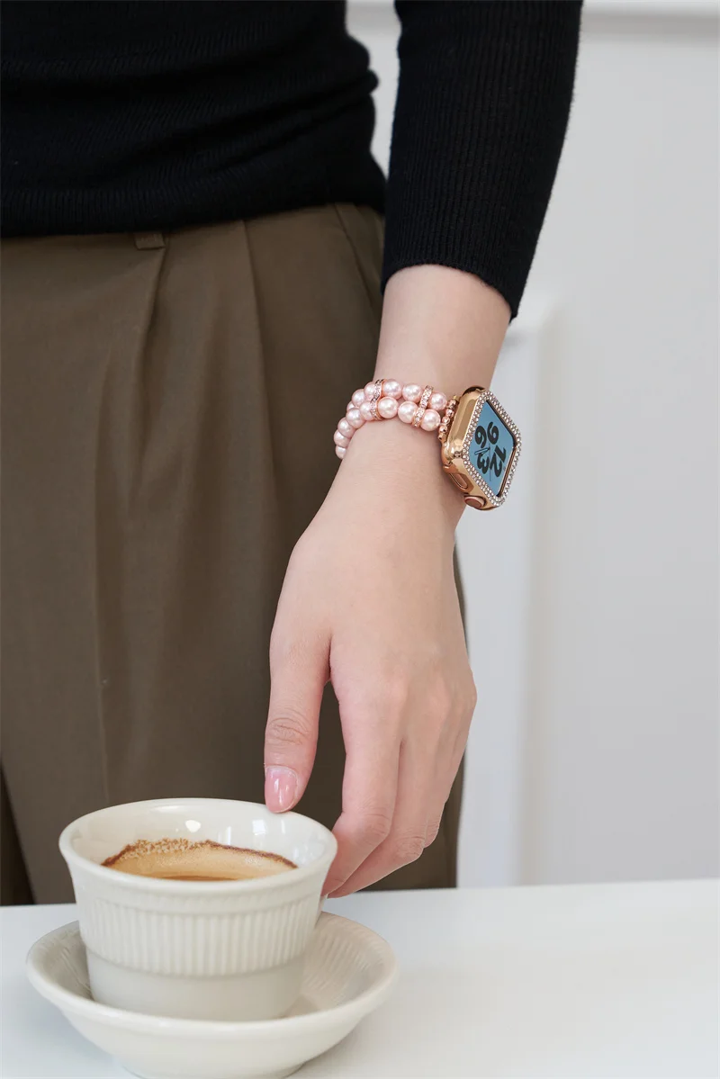 Correa de bola de Perfume de perlas de doble fila para Apple Watch, correa de 40/44mm SE7 6 5 4 para iWatch 38mm/42mm 3 2 1 muñeca de perla de ágata 41/45mm