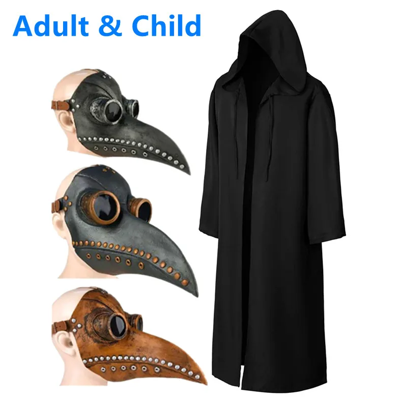 Plague Doctor Mask Costume Wizard Tunic Hooded Robe Halloween Cloak Cosplay Costumes Adults and Children