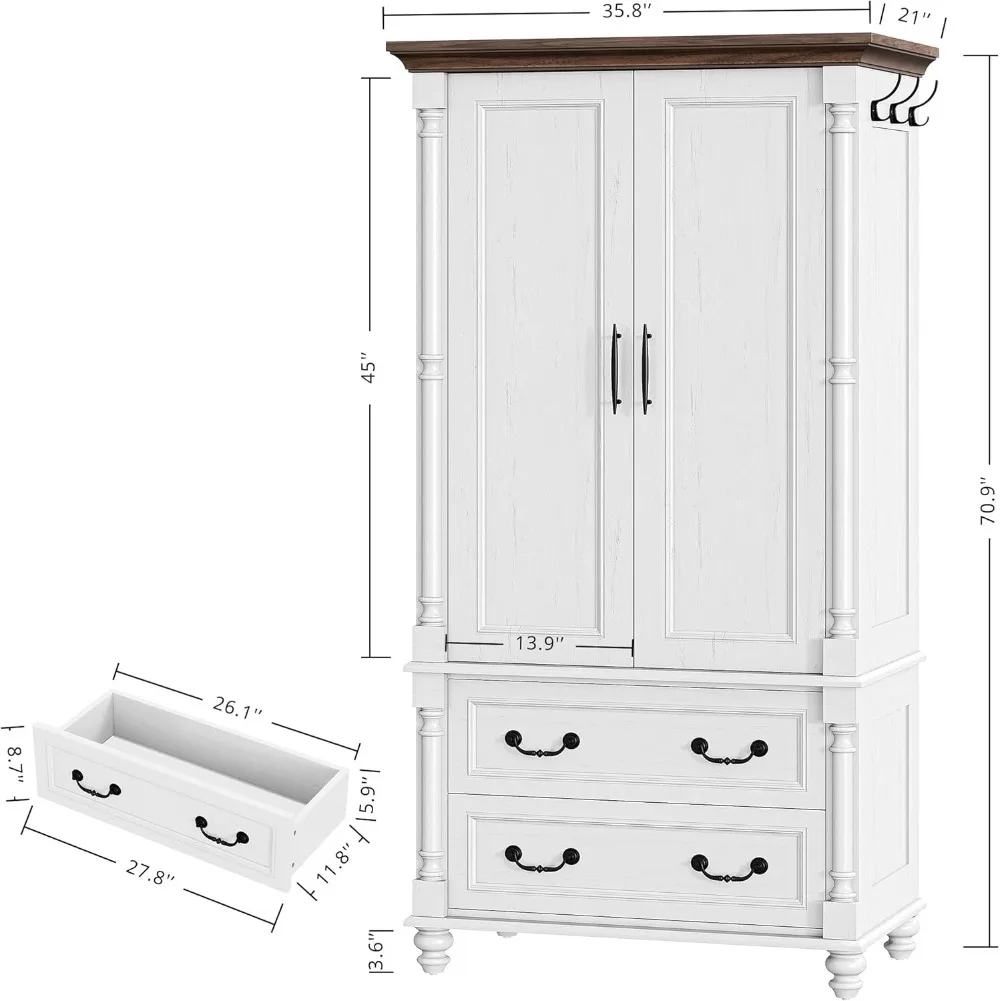Farmhouse Armoire Wardrobe with 2 Doors & Drawers, 70
