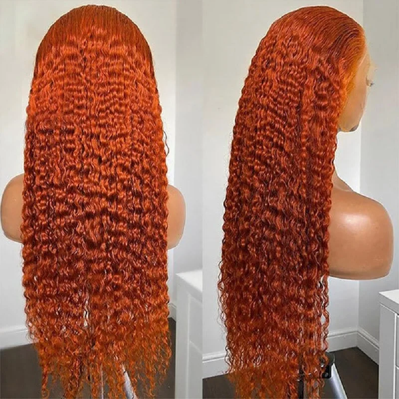 13x6 gengibre laranja perucas de cabelo humano pré arrancado encaracolado hd perucas frontais do laço onda profunda perucas dianteiras do laço # Remy brasileiro de 350 cores