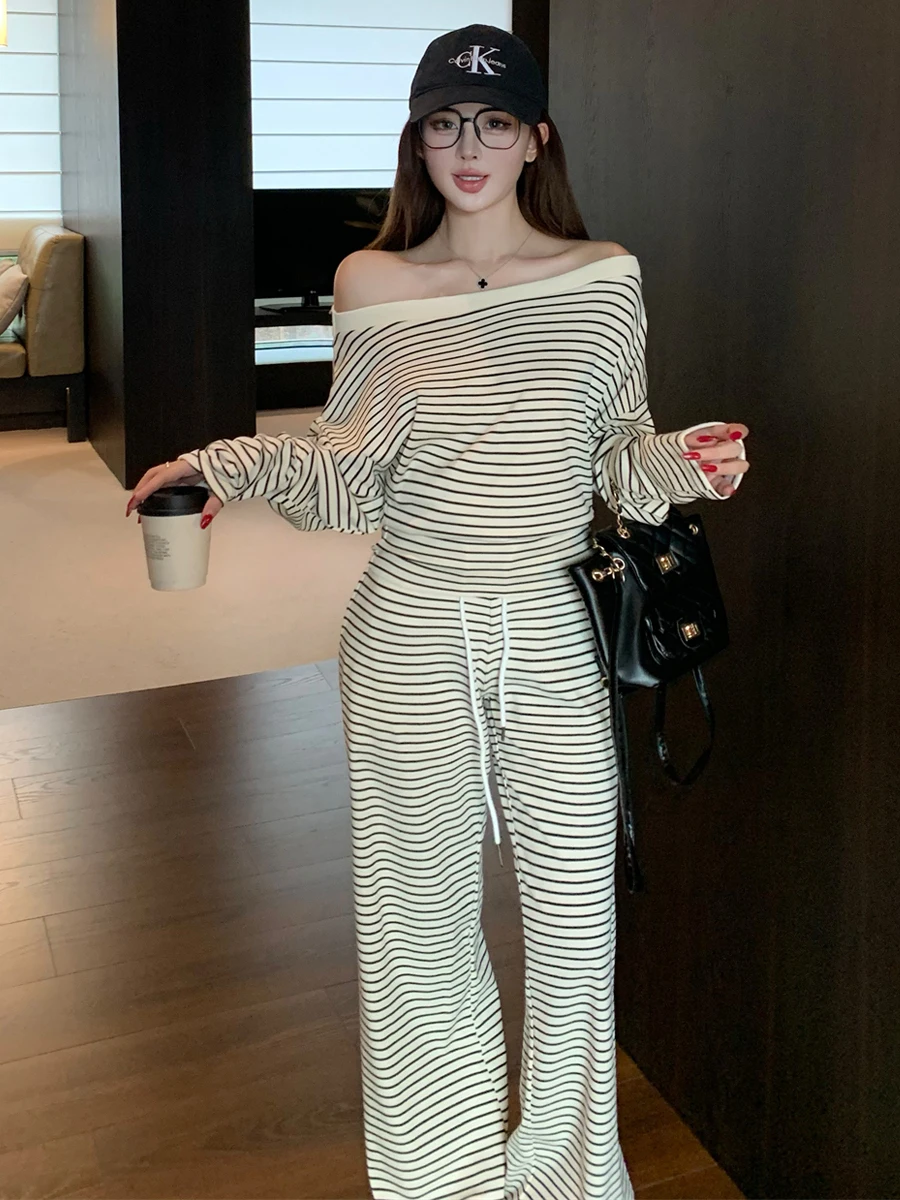 Casual Korean Style Stripe Long Sleeve Waist Cinched Shoulder High Waist Drawstring Wide Leg Pants Two Piece Set Fashionable ...