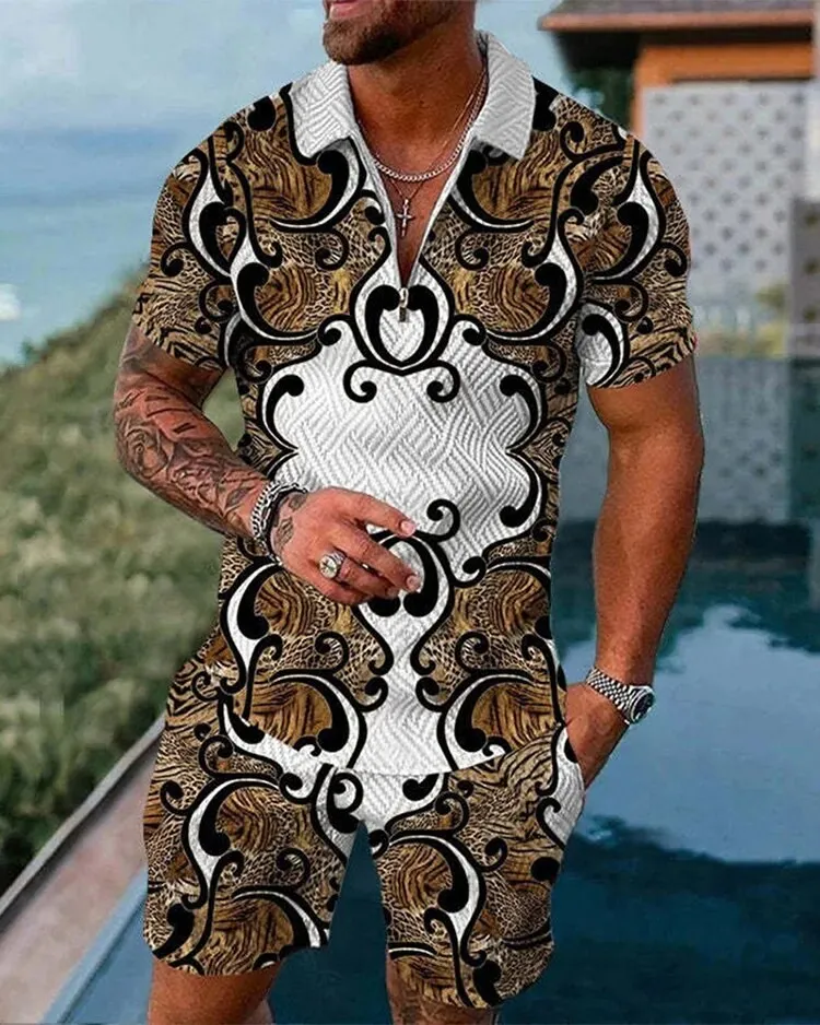 

Summer Luxury Pattern 3D Printed Casual Zipper Polo Shirt And Shorts 2-piece sportswear, Fashionable Street men's Wear