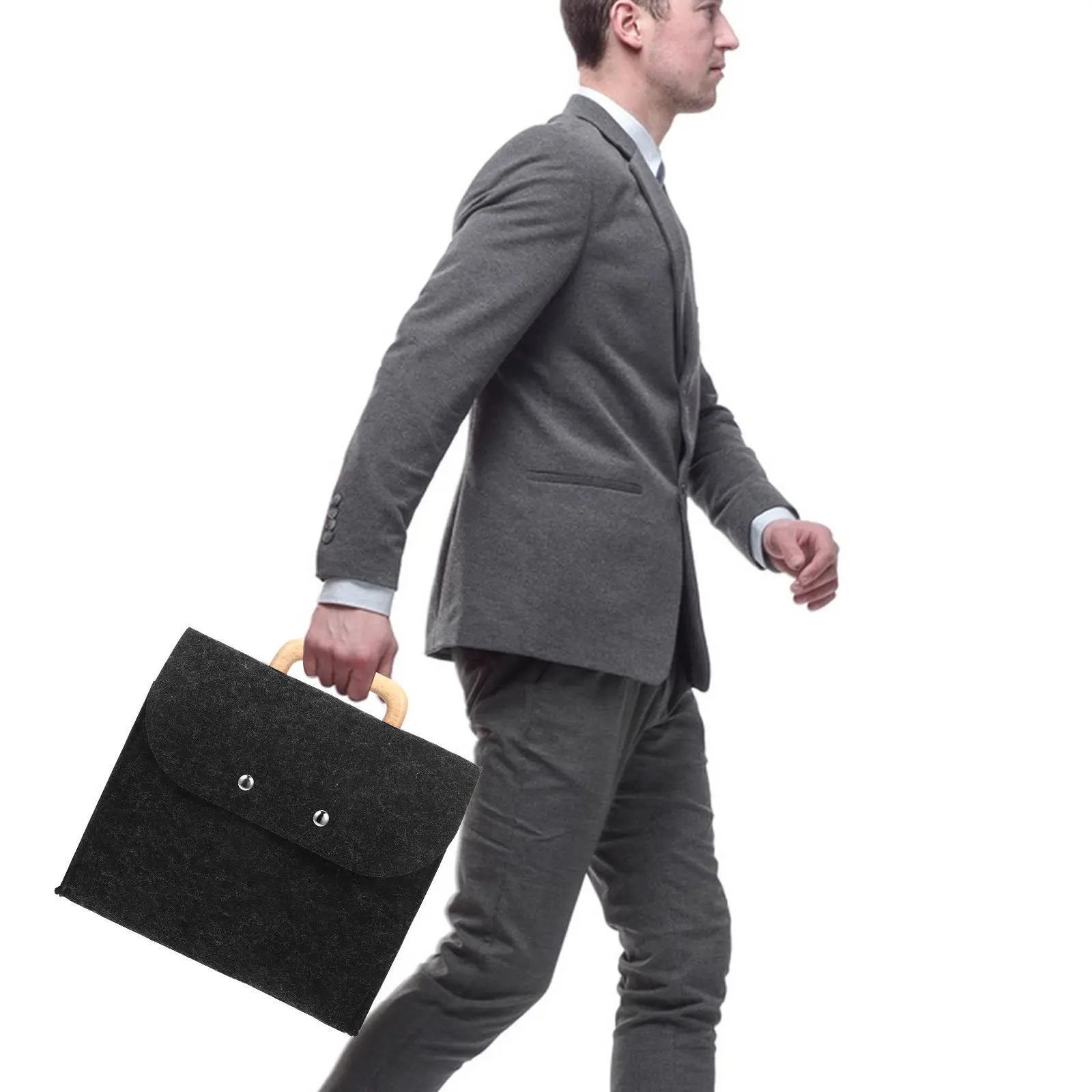 

Stylish Felt Business Tote Bag with Smooth Wood Handle High Capacity File Organizer for Office Document Storage Portable