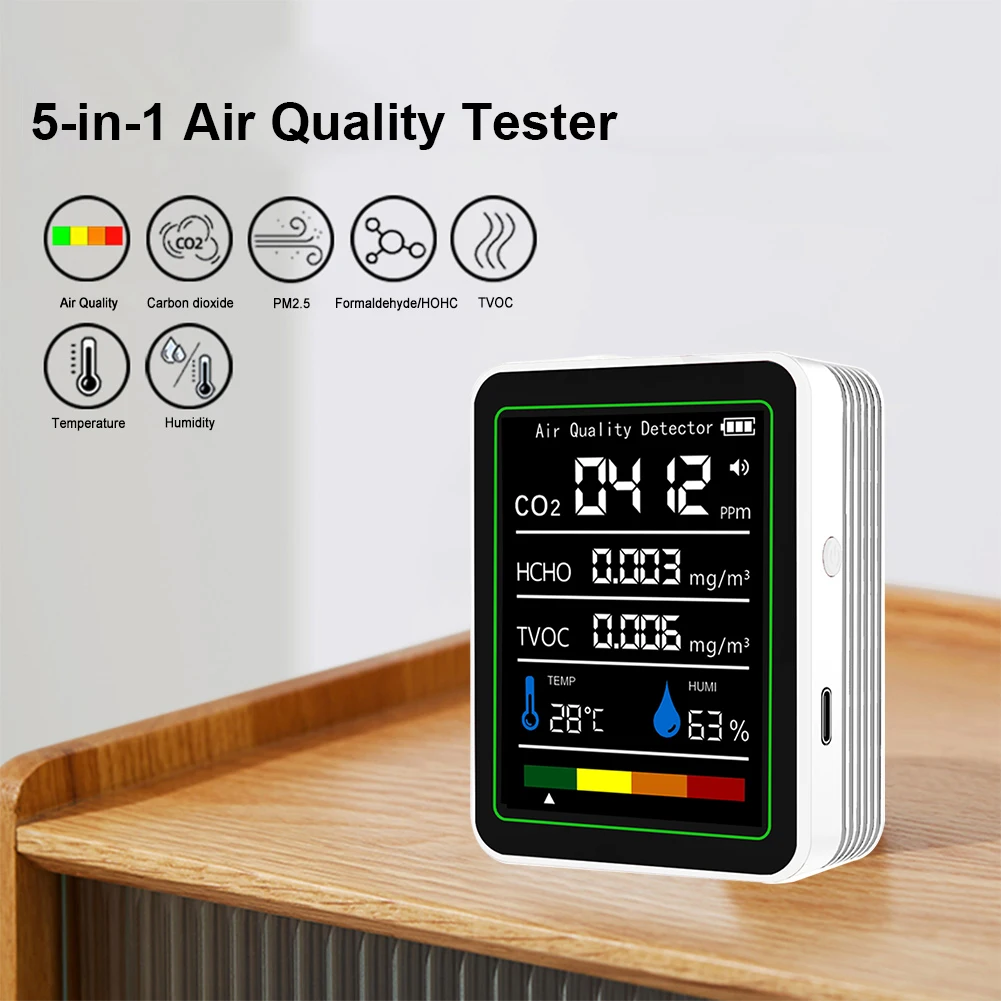 5 In 1 Carbon Dioxide Detector USB Rechargeable Temperature Humidity Monitor CO 2 Air Quality Monitor for Home Office