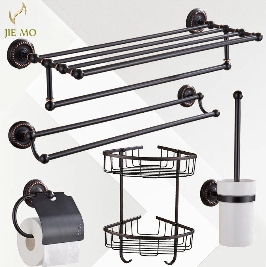 Bathroom Series Oil Black Bronze Copper Bathroom Accessories Towel Shelf Towel Bar Tempered shelves Hotel Hardware Pendant