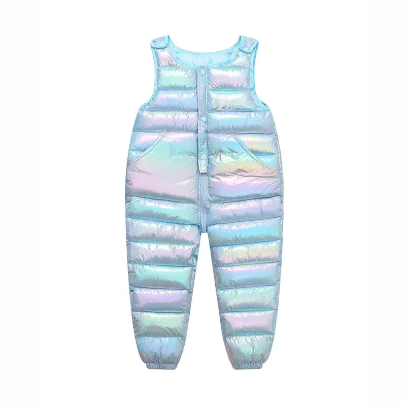 Letter Print Smooth Fabric Jumpsuit Winter Warm Overalls Pants Girls Boys Thick Down Windproof Snow Cotton Pant Children Clothes