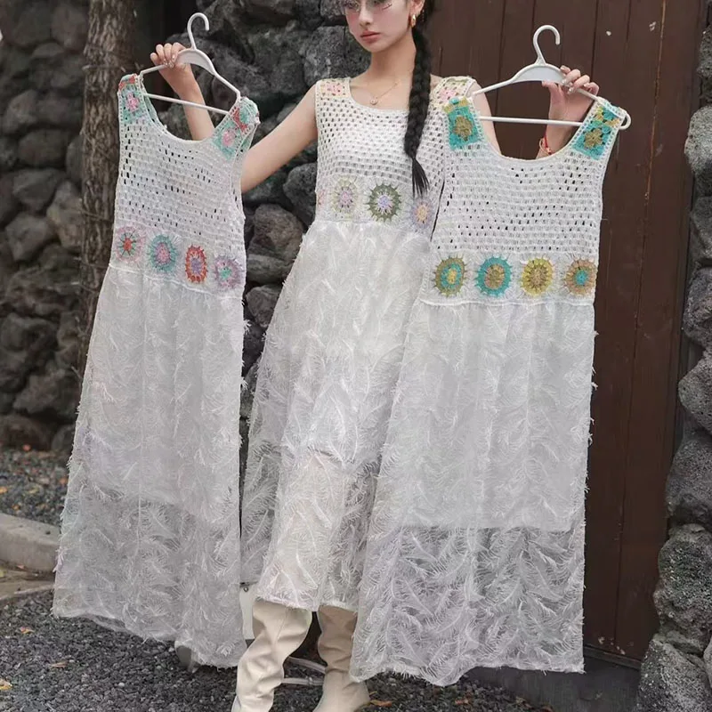 Boring Honey 新しい春夏スイートフレッシュレトロフックレースタンクトップドレス - 多用途ルーズフィットミッドレングスカジュアル衣装女の子