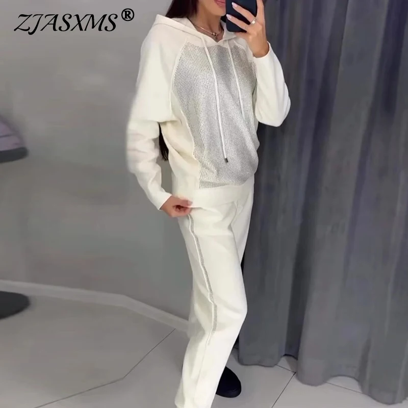 Fashion Diamonds Patchwork Hoodies & Sweatpants Suit Womens Set Autumn Long Sleeve Two Piece Outfits Winter Sportwear Tracksuits