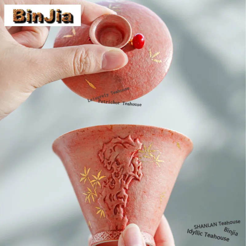 105ml Sakura Pink Bamboo Taihu Lake Stone Gaiwan Elegant Tea Tureen Tea Bowl With Lid Kit Tea Brewing Cover Bowl For Tea Craft