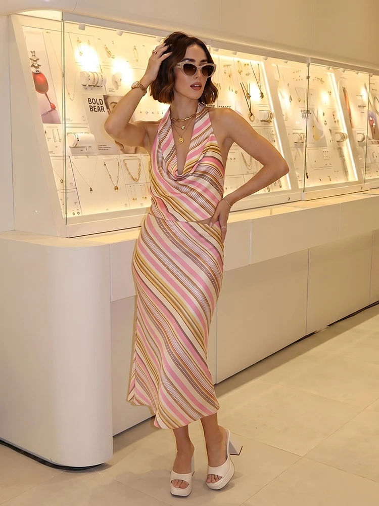HH Y2K Striped Satin 2 Piece Co-Ord Women's Halter Neck Tie Back Top & Long Skirt Sexy Summer Going Out Vacation Party Outfit view 3