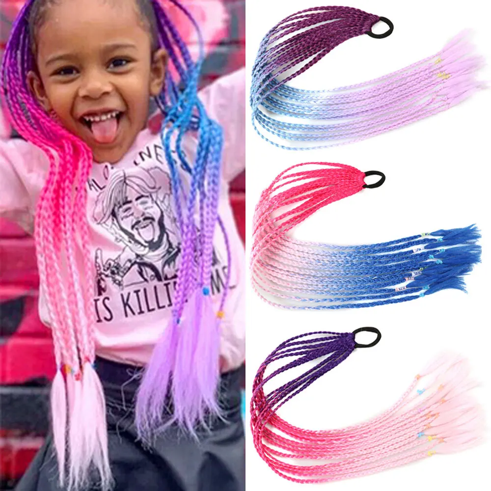 AZQUEEN Synthetic Colored Braided Ponytail Hair Extension Rainbow Color Braids Pony Tail With Elastic Band Girl's Pigtail