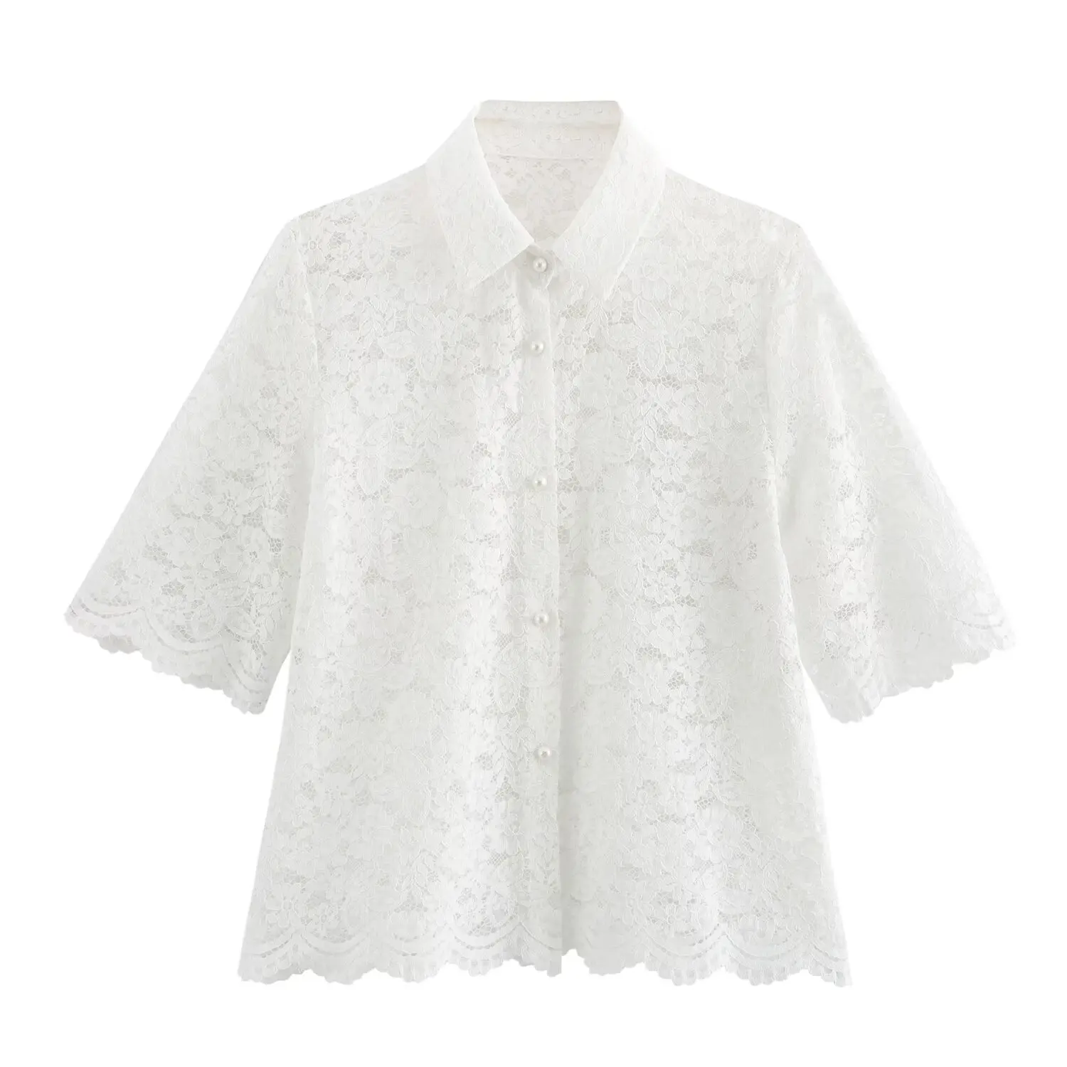 

2025 Summer Women's Clothing European and American Style Loose Hollow Slim Lapel Short Sleeve Lace Shirt Lining