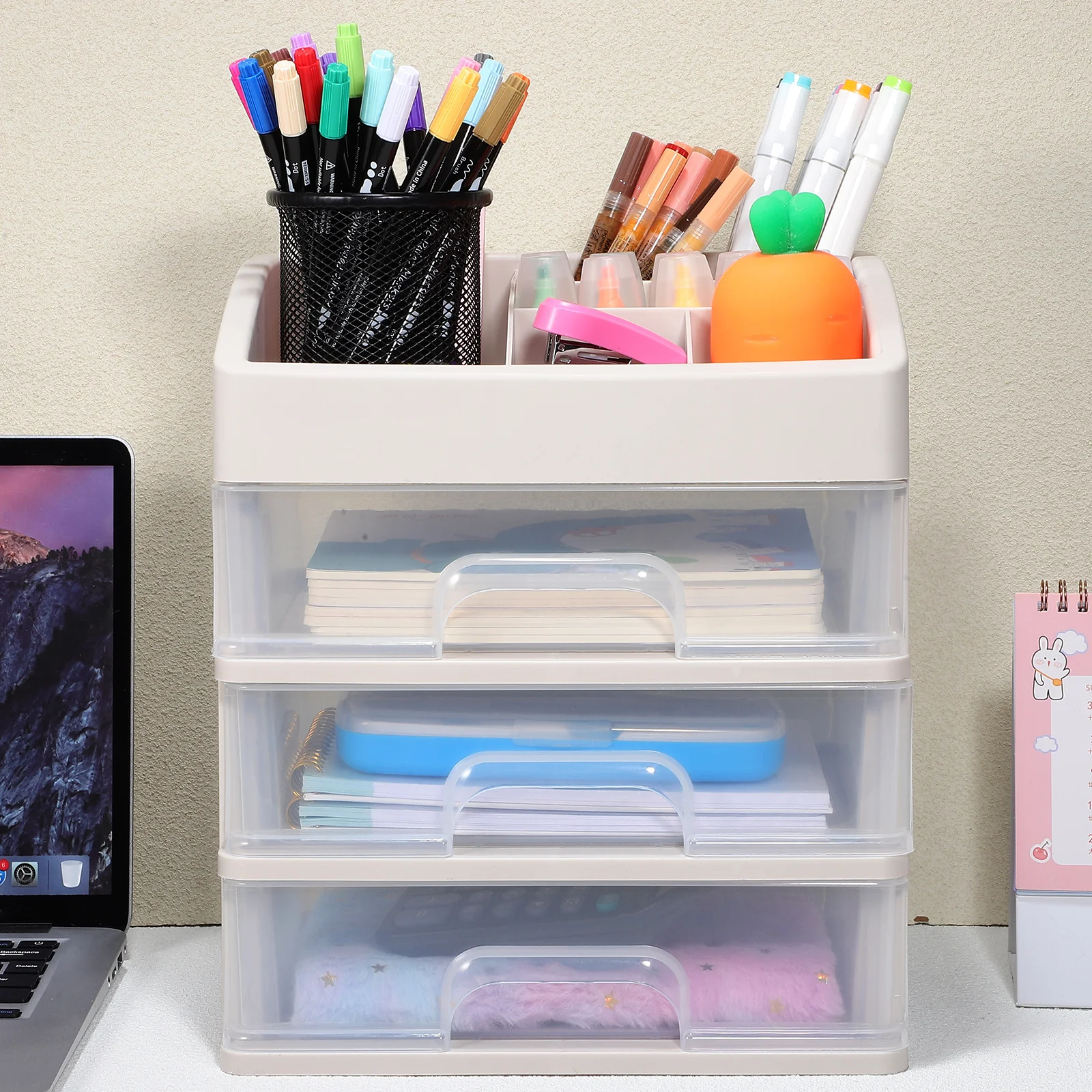 

Desk Organizer With Drawers 3-Layer Desktop Storage Box Transparent Office Organization Stationary Organizer Make Up