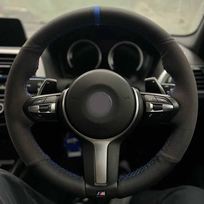 Black Suede Leather Car Steering Wheel Cover For BMW F87 M2 F80 M3 F82 M4 M5 F12 F13 M6 F85 X5 M F86 F33 X6 M F30 M Sport