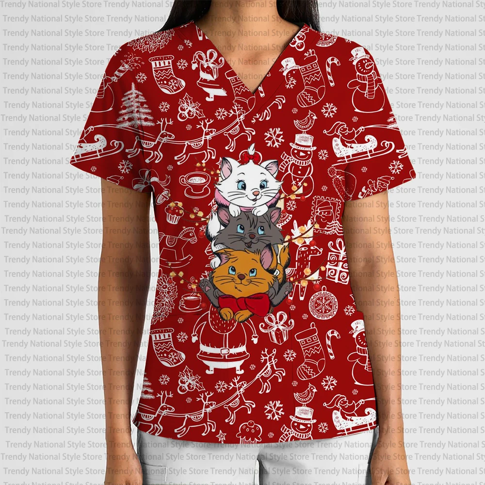 เสื้อยืดคอวีมีกระเป๋าสำหรับผู้หญิง ลายแมวมารี ดีไซน์แฟชั่น สำหรับชุดยูนิฟอร์มทำงาน ผ้าเนื้อนุ่ม ระบายอากาศดี เหมาะสำหรับใส่ในโรงพยาบาล คอลเลคชั่นใหม่ฤดูร้อน ดีไซน์คริสต์มาสจากดิสนีย์