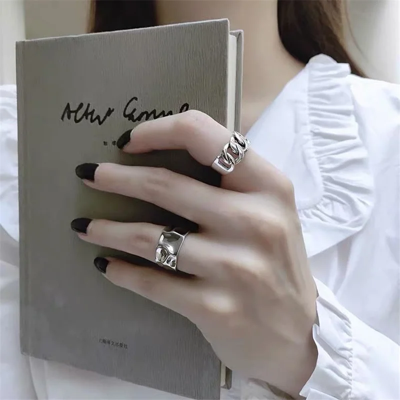 Vintage Silver Color Irregular Handmade Opening Adjustable Ring for Women Fashion Geometric Wide Punk Rings Jewelry Gift