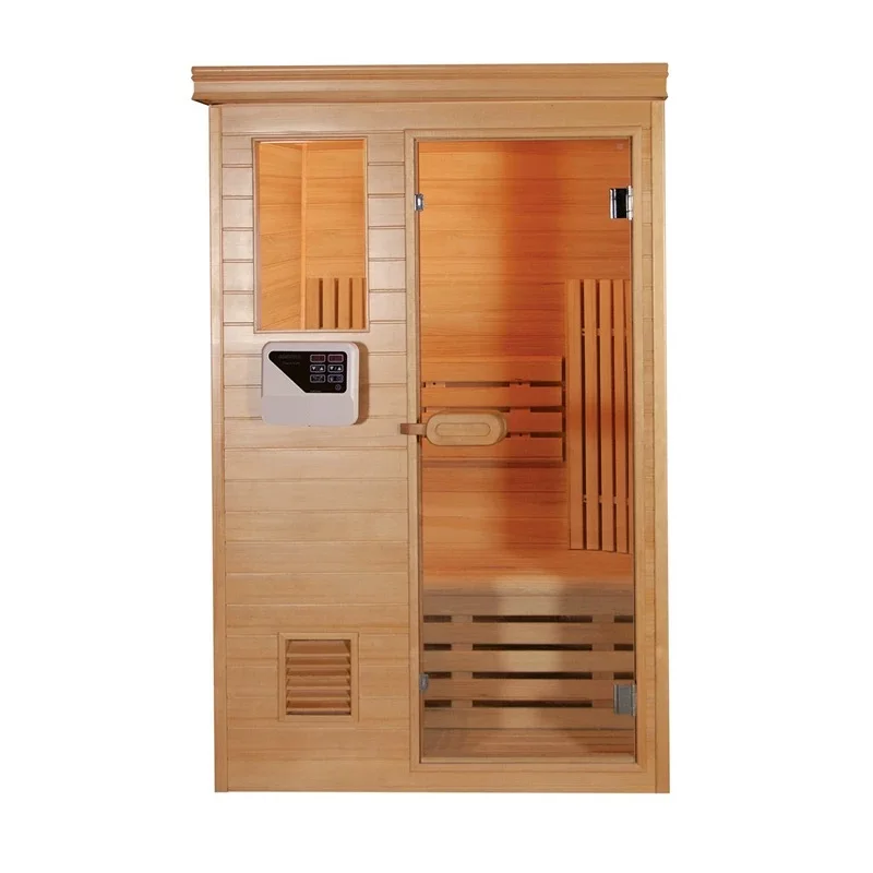 Hot selling：1-2 Person Indoor Solid Wood Hemlock Dry Steam Sauna Room with Stove Heater