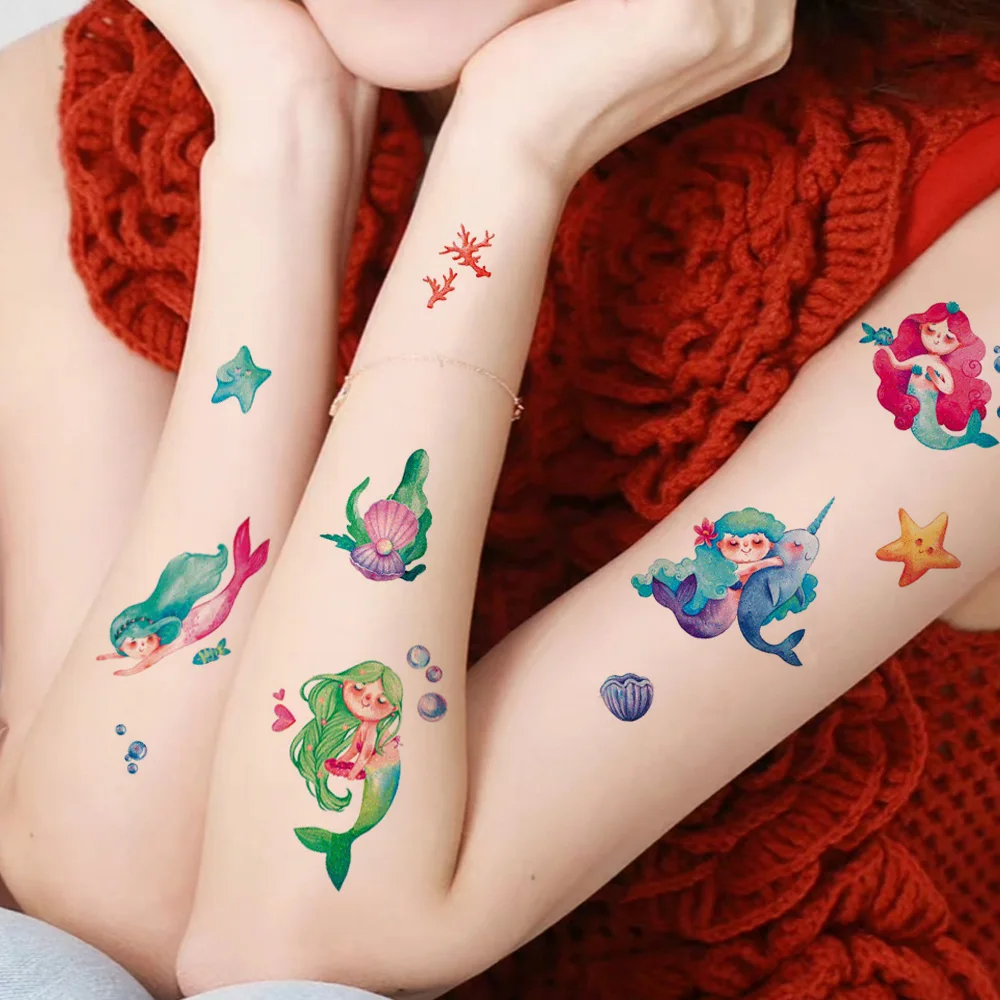 12pcs Mermaid Unicorn Colorful Glitter Powder Waterproof Temporary Tattoo Sticker Sea Creature Body Art Arm Fake Tatto Women Men image 2