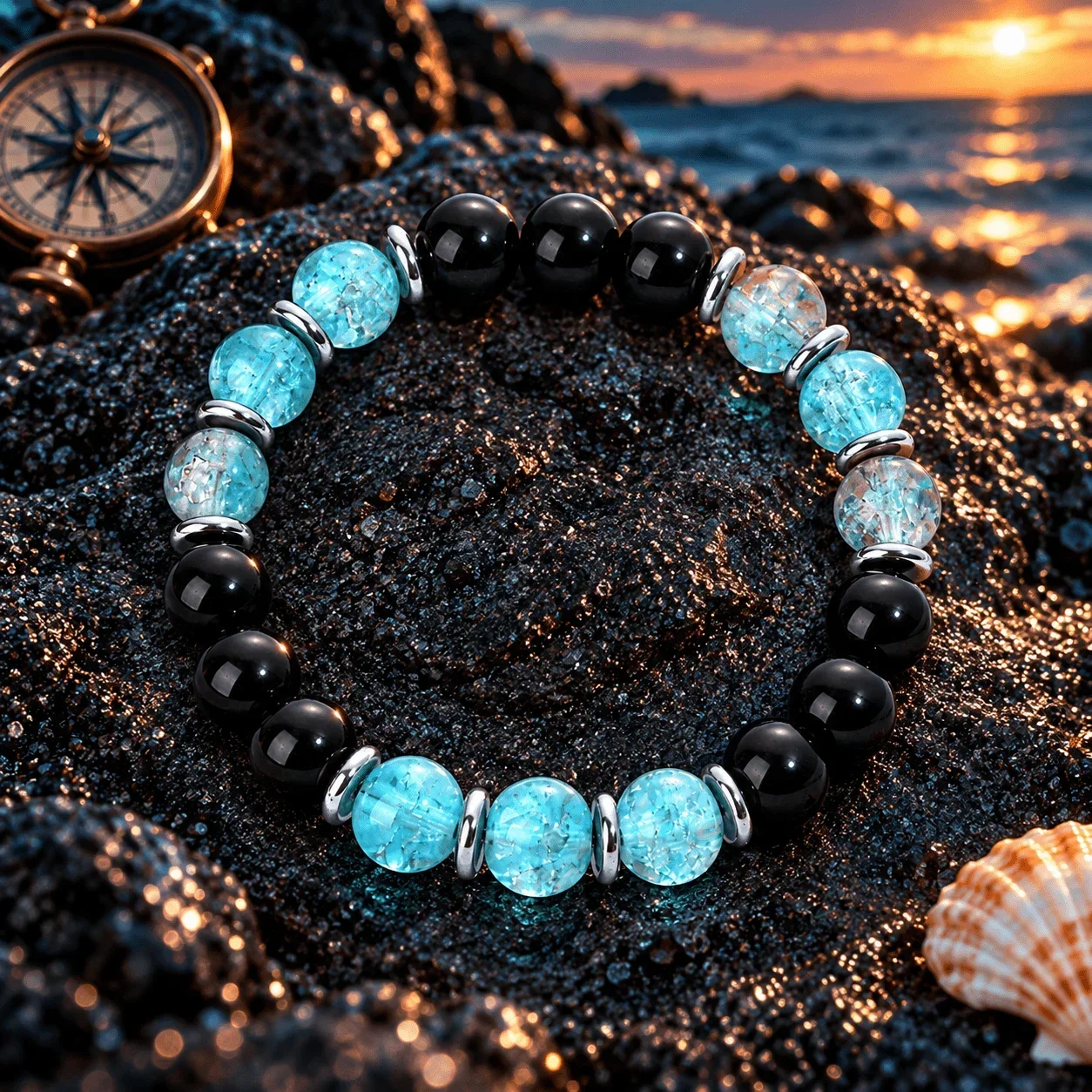 Black agate blue natural stone round bead bead bracelet,symbolizing the beginning of a journey and adventure,unisex jewelry gift