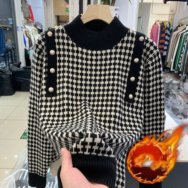 Women's Thick Half High Collar Houndstooth Sweaters Autumn Winter New Vintage Long Sleeve Button Pullover Knit Undershirt Tops