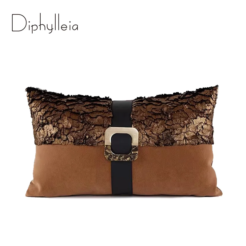 Diphylleia Couture Touch Bronze Leather Pillow Cover 30x50cm Luxury High-End Interiors Decorative Cushion Case With Buckle