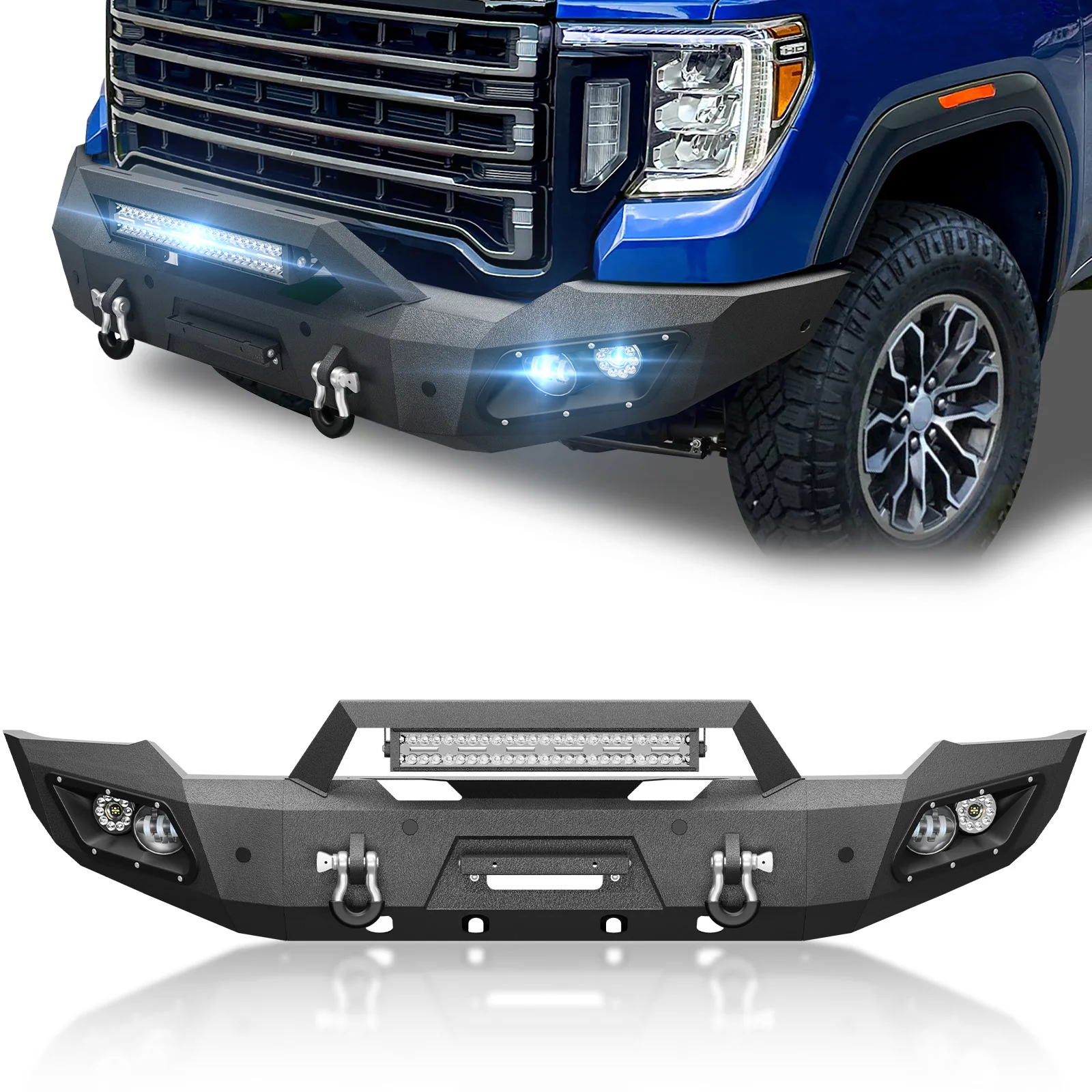 

Front Bumper with Winch Plate, 5 x LED Lights for 2020 2021 2022 2023 GMC Sierra 2500 3500 HD Pickup Truck Bumper