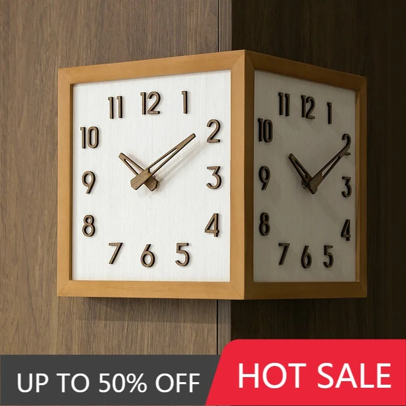 Corner Wall Clock Wood Double Sided Wall Watch Luxury Aesthetic Modern Clocks Silent Elegant Decorative Living Room Watches