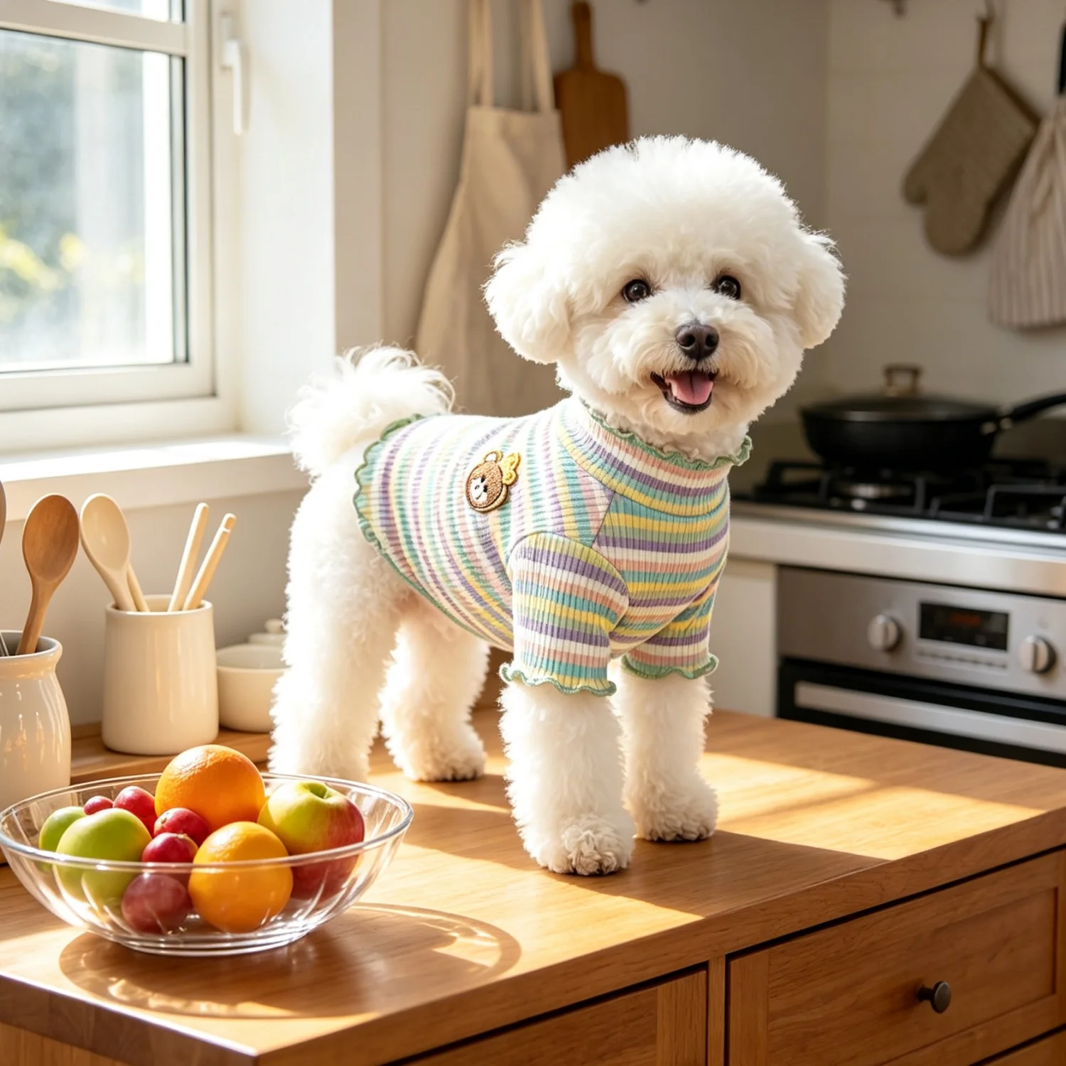 Gestreiftes Strick-Hundehemd mit niedlichem Bärenmotiv, Haustierkleidung, weiches geripptes Welpen-Outfit für Bichon Frise und Teddy. – Detail 14