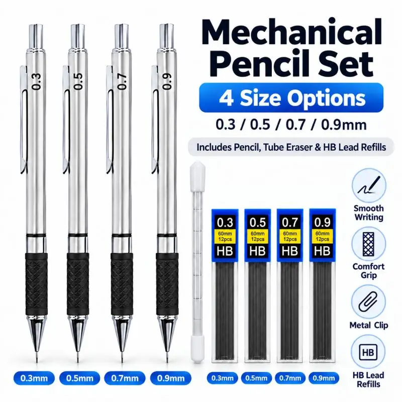 0.3/0.5/0.7/0.9Mm Metal Mechanical Pencil Set, Anti-Slip Grip, Precision Sketch Pencils, Durable, Ideal for Artists & Office Use