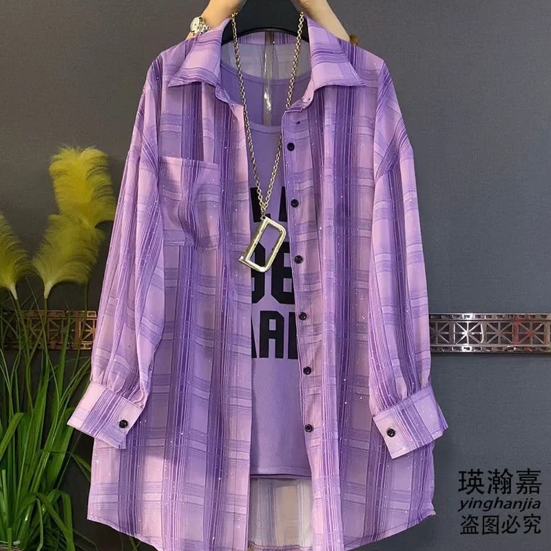 Nowa letnia moda 2026: szyfonowa kurtka chroniąca przed słońcem, damska, plus size, jasna koszula w kratę, zapinana na guziki, wiatrówka damska.