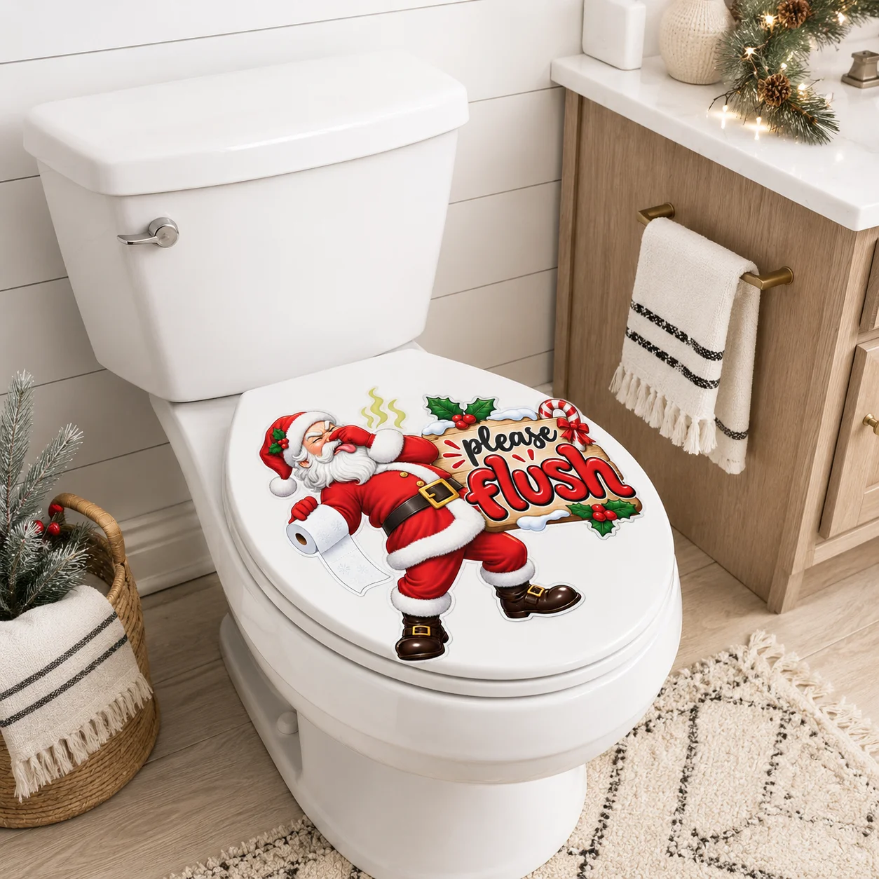 Funny Christmas Toilet Tank Sticker Santa Claus Please Flush Pinch Nose Xmas Winter Holiday Bathroom Home Decor