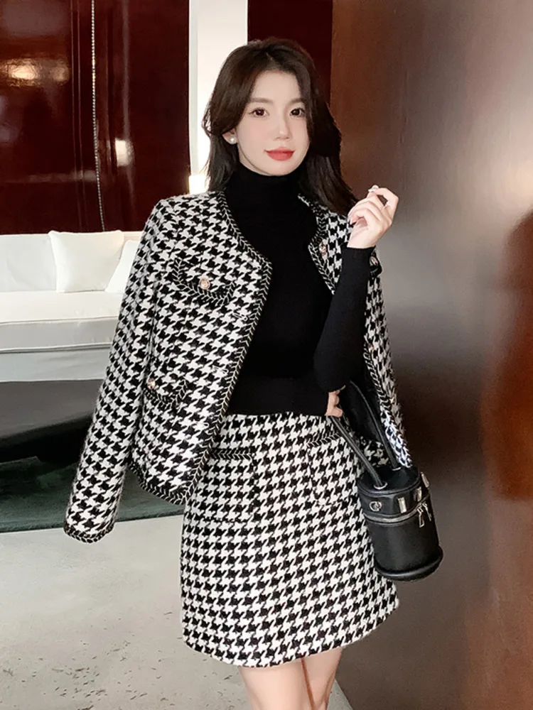 2024 Fall Winter French Vintage Tweed Two Piece Set  For Women Fashion Plaid Jacket Coat + Skirt 2 Piece Suits Conjuntos Cortos