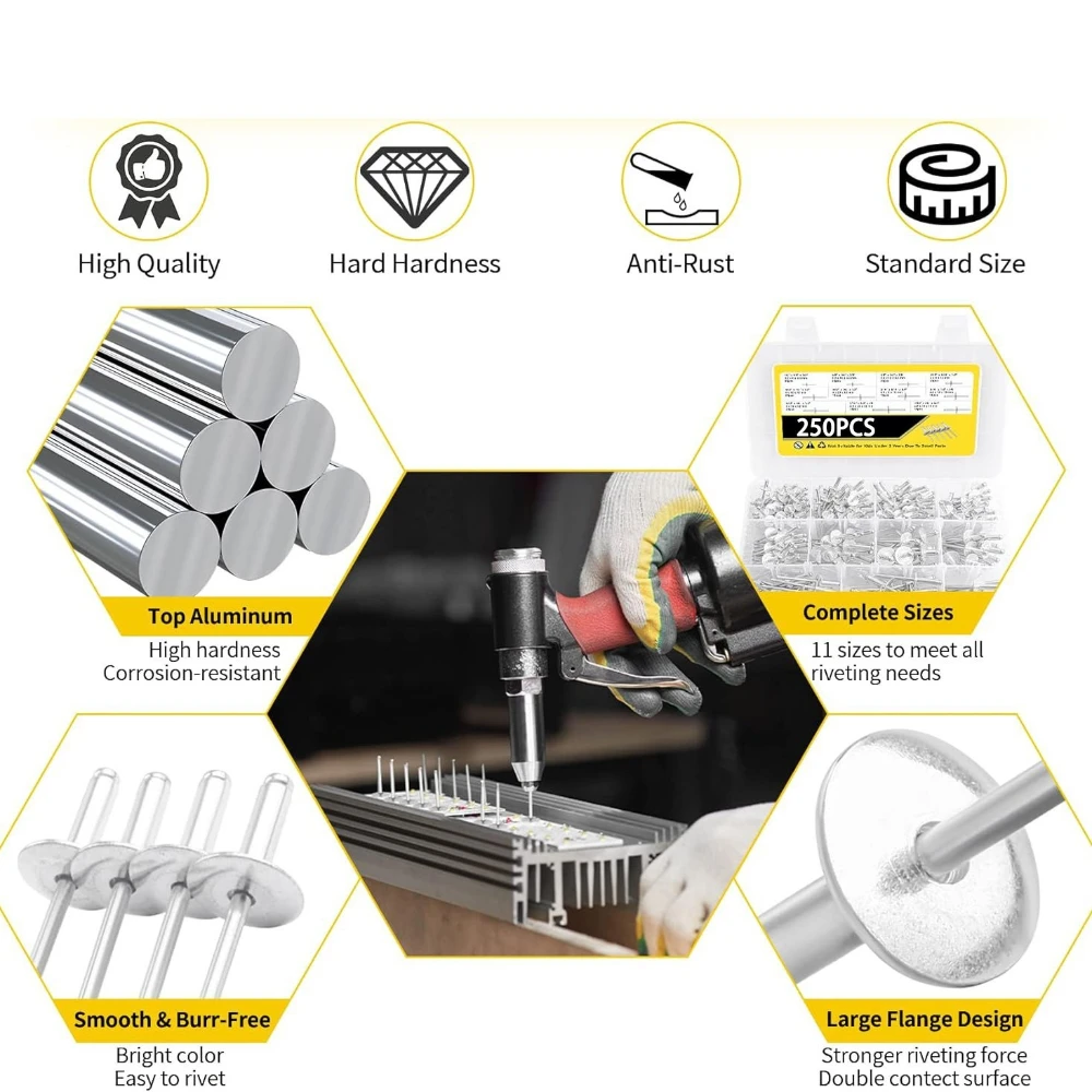 250 pz 3/16 "X 1/8" X5/32 "Argento Grande Tappo Rivetti Ciechi e Tirare Rivetti Set GB/T12618 Tipo di Apertura Rivetto Grande Tappo Tirare Rivetti