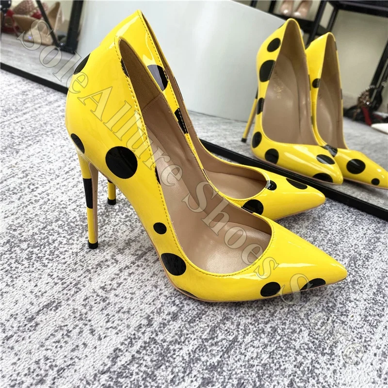 Women Yellow Polka Dot Stiletto Pumps Patent Leather Pointed Toe High Heels Vintage Party Wedding Dress High Heel Pumps