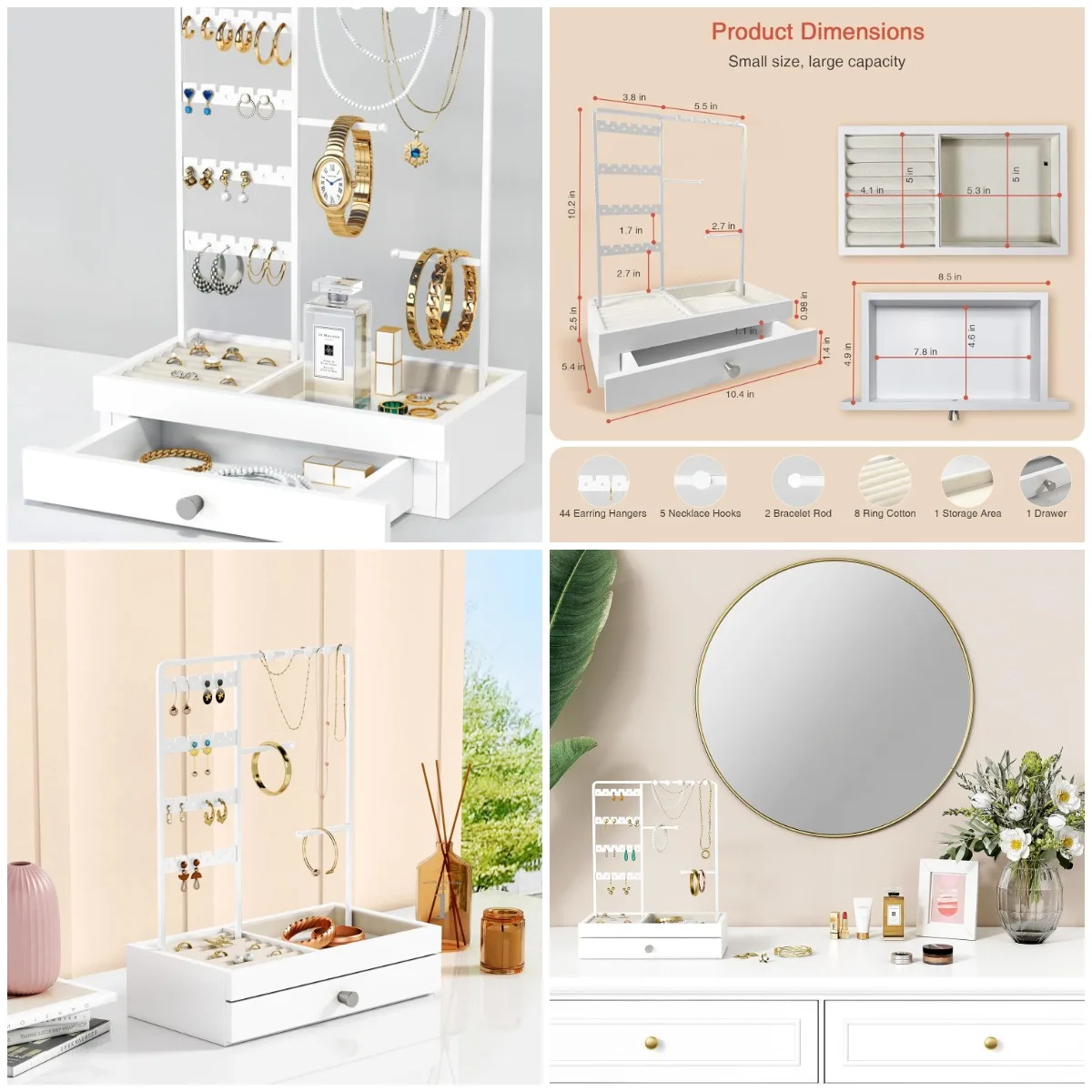 

Белая подставка-органайзер для ювелирных изделий с ящиком, держателем для сережек и ожерелья, подарок для нее, жены, девочек-подростков