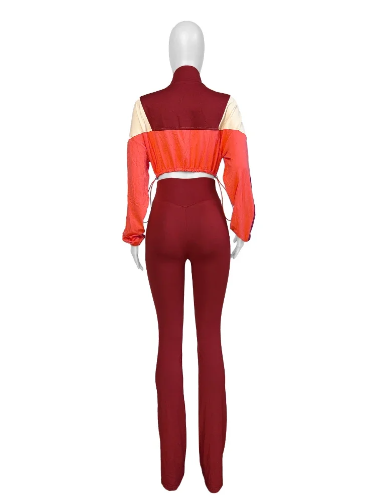 XIZOU Casual 2 Piece Set Women Tracksuit Sporty Patchwork Zip Crop Jacket + High-Waist Leggings Matching Street Activity Suit